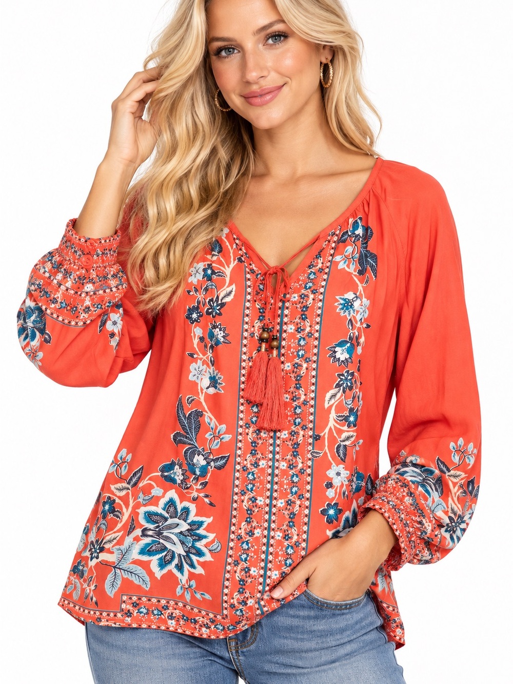 Chico’s Orange Floral Boho Beaded Blouse V-Neck Tassel Tie Front Long Sleeve XL